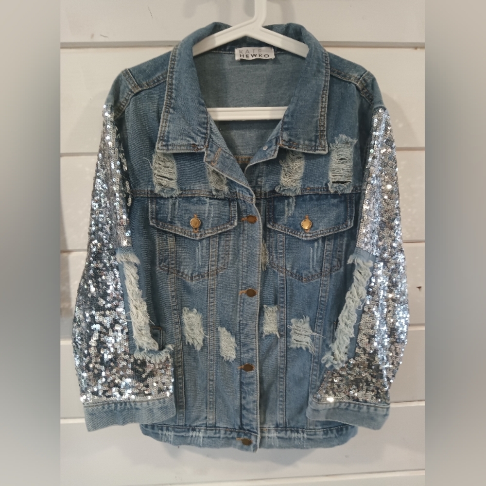 Denim Jacket with Silver Sequin Sleeves
